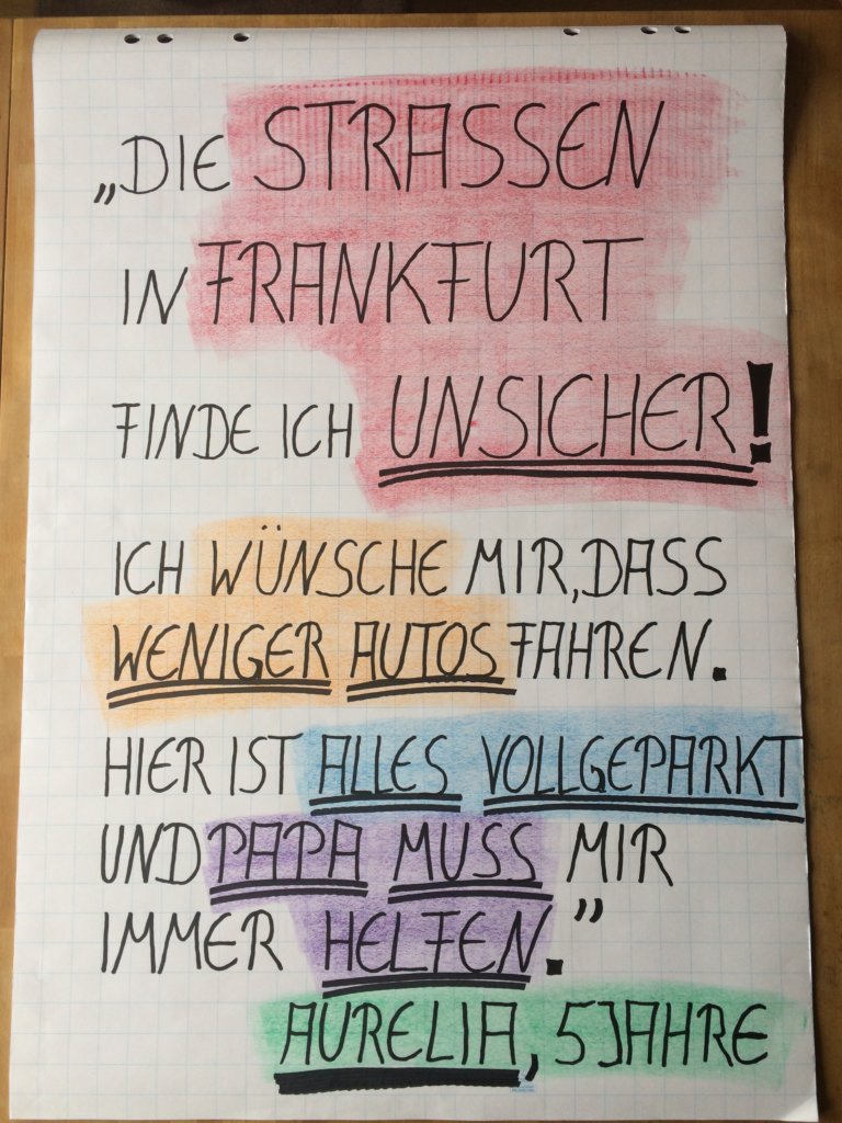 Ein gemaltes Plakat, mit folgendem Text:
"Die Straßen in Frankfurt finde ich unsicher! Ich wünsche mir, dass weniger Autos fahren. Hier ist alles vollgeparkt und Papa muss mir immer helfen." (Aurelia, 5 Jahre)